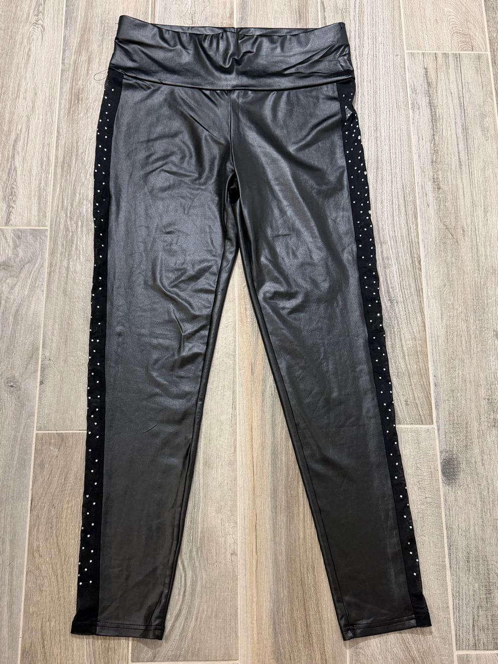CHICME High Waisted Black Faux Leather Leggings with Side Rhinestone Detail XL